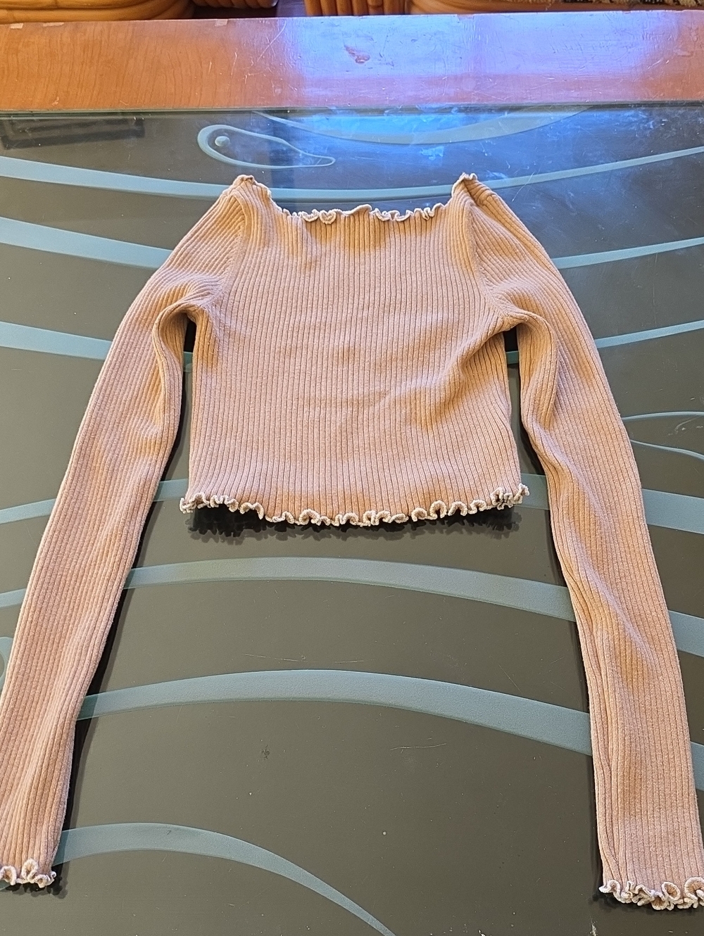 American Eagle Outfitters Ribbed Crop Top in Light Brown with Cream Trim